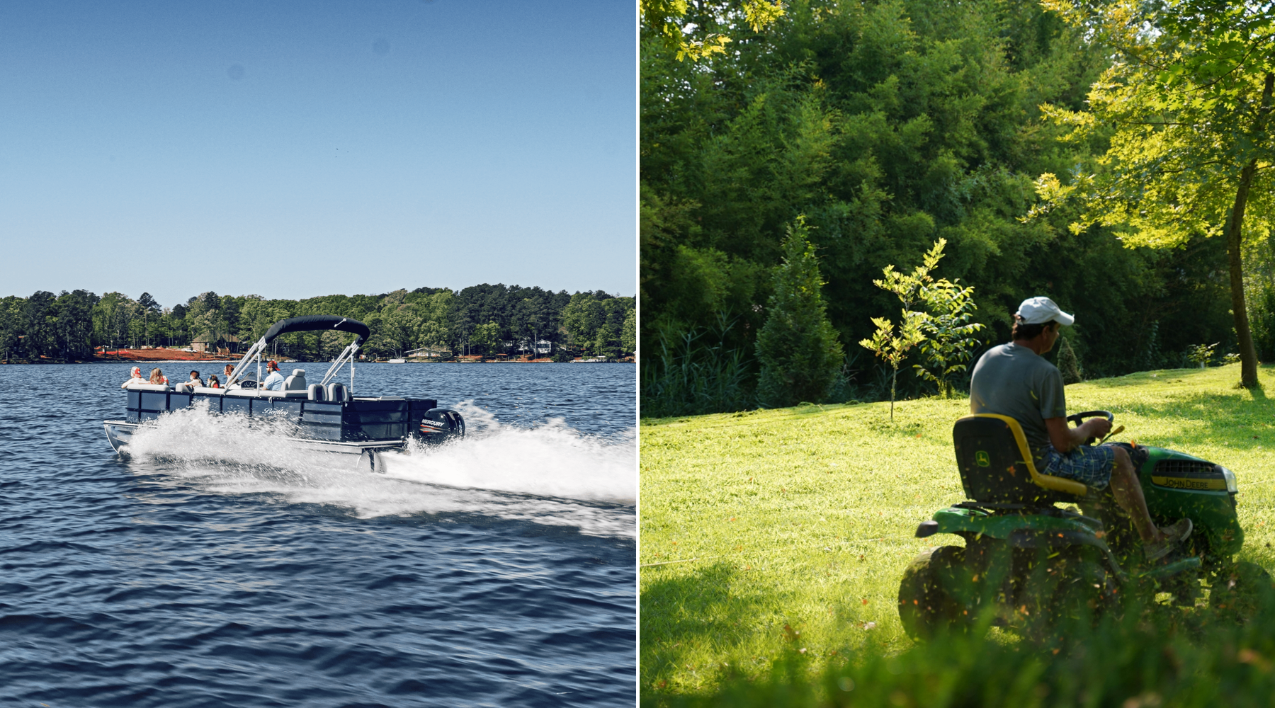 Boat on water and person on a lawn mower in a grassy area with trees