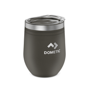 Gray tumbler with clear lid on a white background, featuring the Dometic logo.