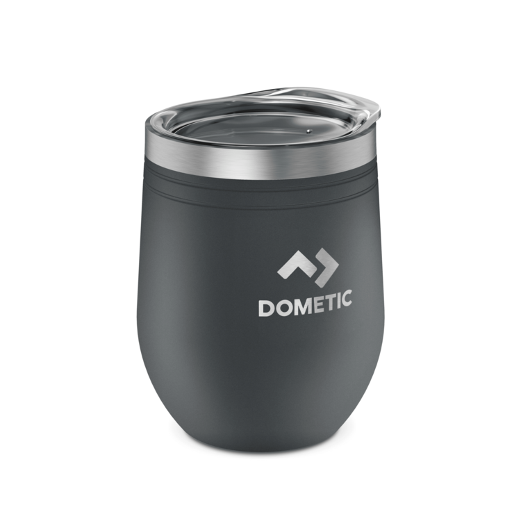Gray insulated tumbler with silver lid on a white background, featuring the Dometic logo.