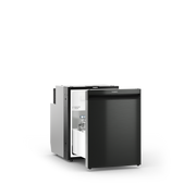 An open Dometic NRXD pull-out refrigerator in dark silver