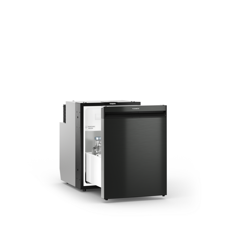 An open Dometic NRXD pull-out refrigerator in dark silver