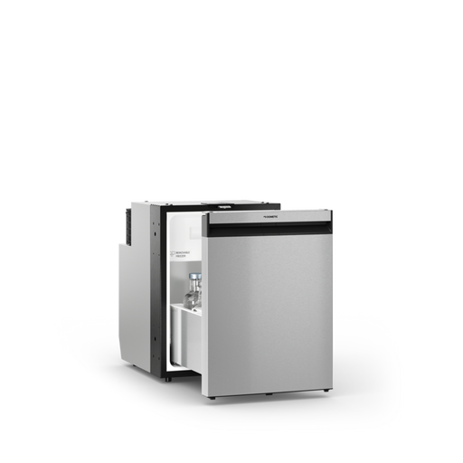 Stainless steel Dometic NRXD refrigerator with open door on a white background