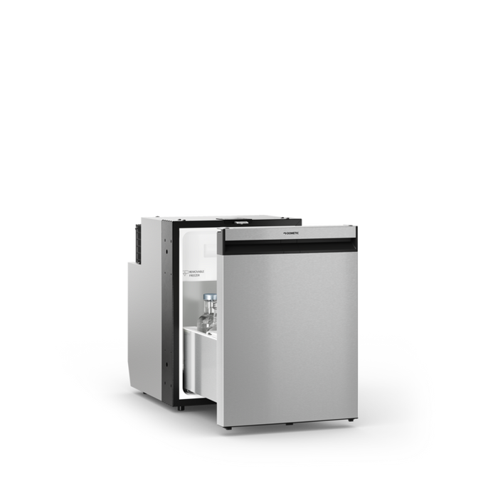 Stainless steel Dometic NRXD refrigerator with open door on a white background