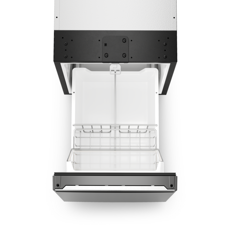 Top view of an open Dometic NRXD stainless steel boat or RV refrigerator