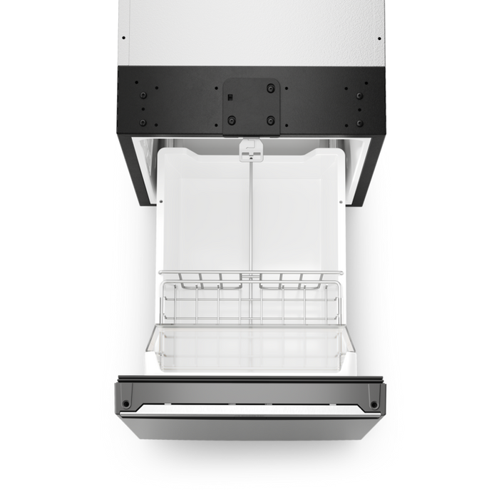 Top view of an open Dometic NRXD stainless steel boat or RV refrigerator