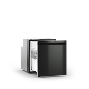Black refrigerator with open door on a white background