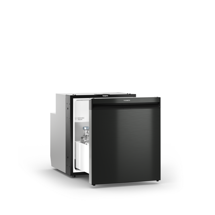 Black refrigerator with open door on a white background