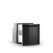 Black refrigerator with open door on a white background