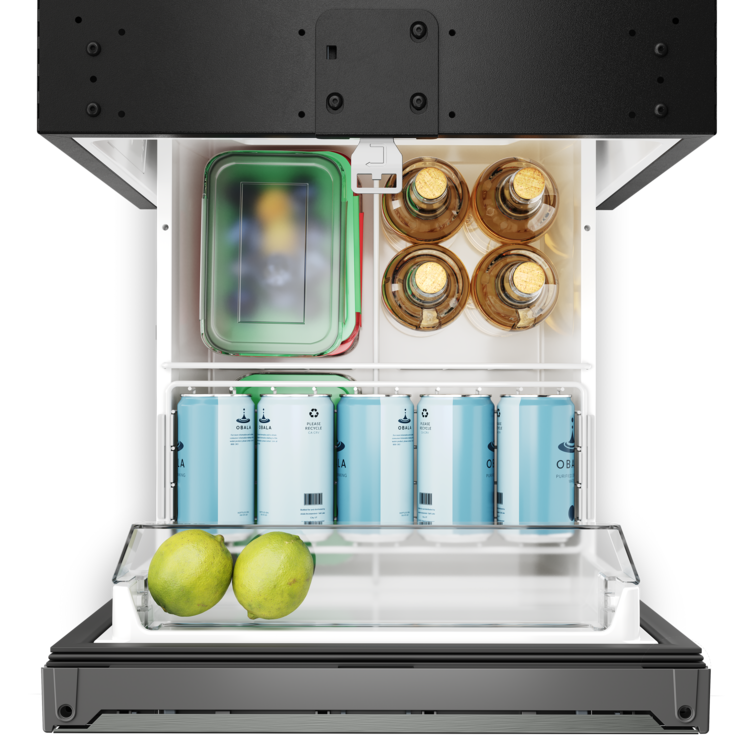 Top view of an open Dometic NRXD boat or RV refrigerator