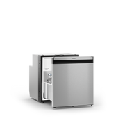Stainless steel refrigerator with open door on a white background