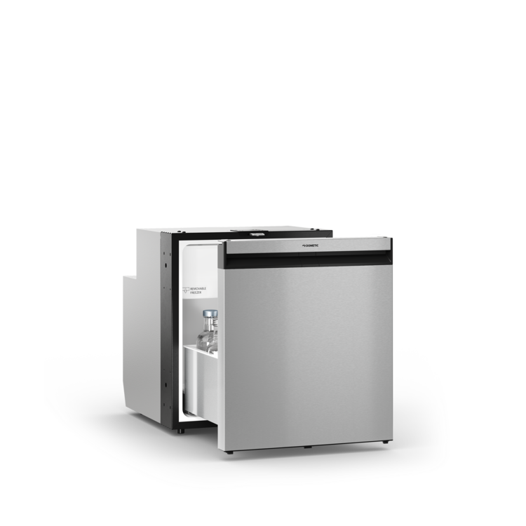 Stainless steel refrigerator with open door on a white background