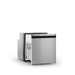 Stainless steel refrigerator with open door on a white background