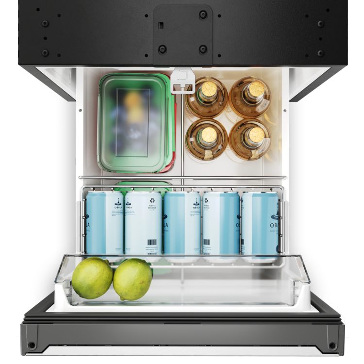 Top view of an open Dometic NRXD refrigerator with food items including bottles, cans, and fruits on a white background