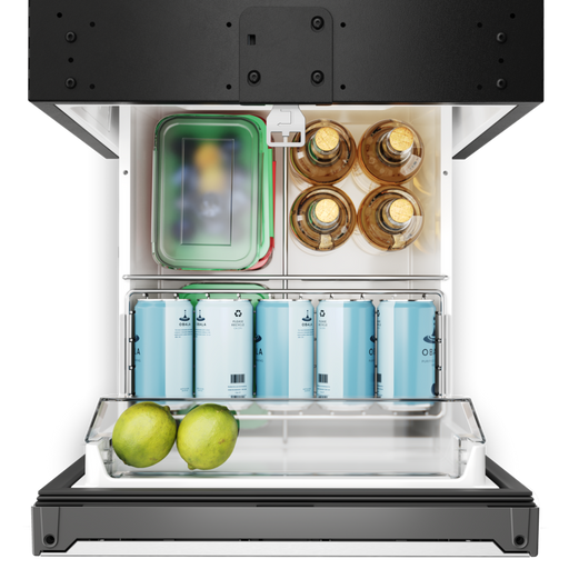 Top view of an open Dometic NRXD refrigerator with food items including bottles, cans, and fruits on a white background