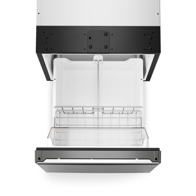 Top view of an open and empty Dometic NRXD pull-out style refrigerator