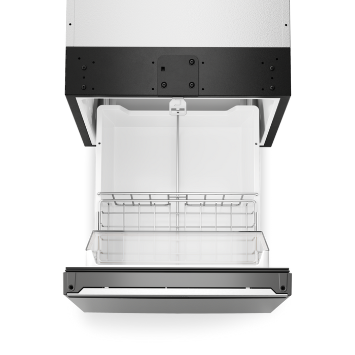 Top view of an open and empty Dometic NRXD pull-out style refrigerator