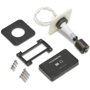 Collection of electronic components for a Dometic holding tank monitor including a black rectangular module, metal bracket, screws, and a white and black sensor on a white background.