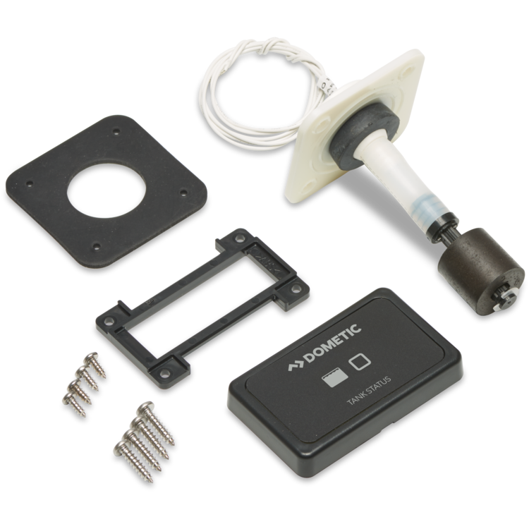 Collection of electronic components for a Dometic holding tank monitor including a black rectangular module, metal bracket, screws, and a white and black sensor on a white background.