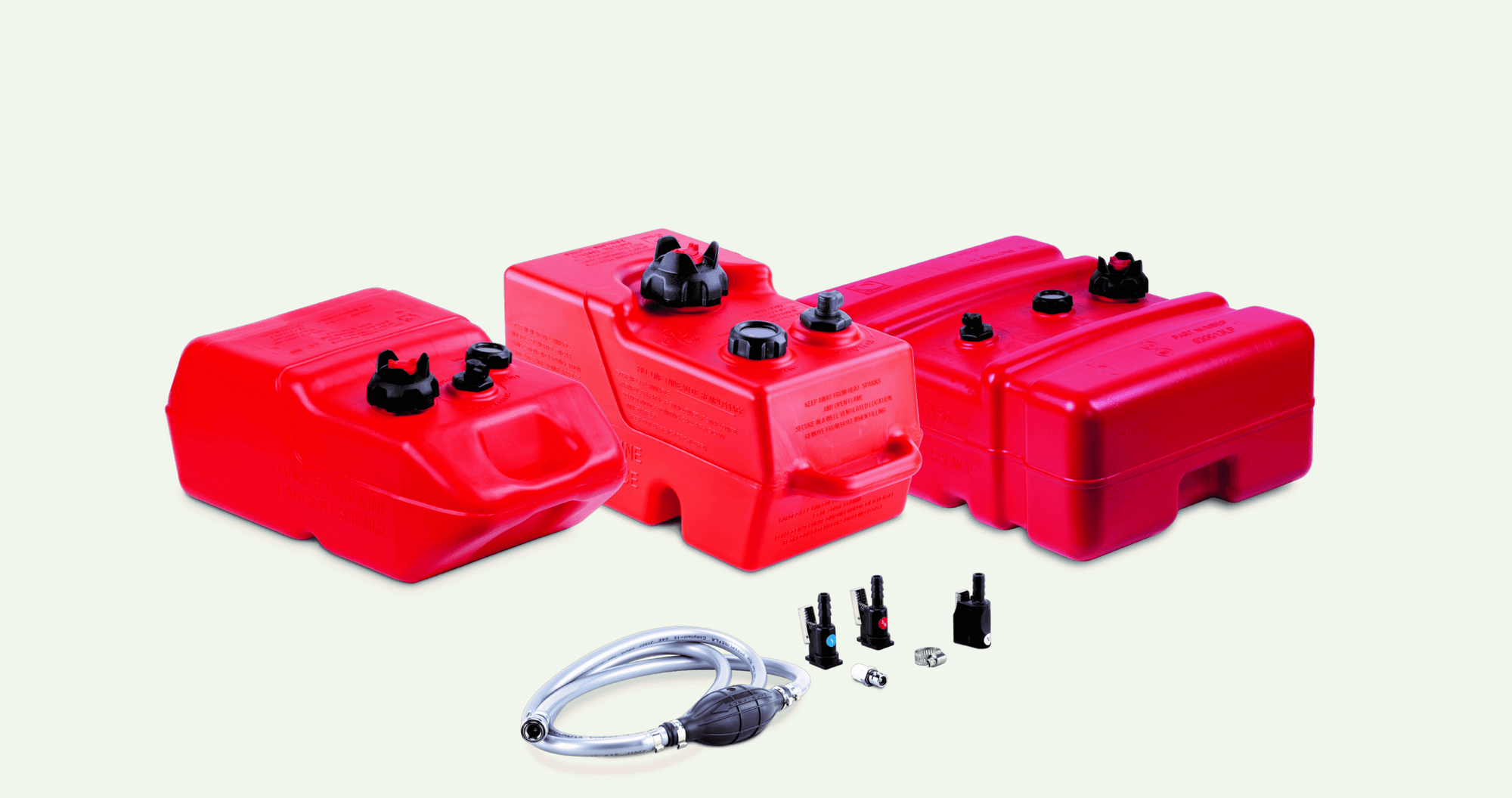 Three red portable boat fuel tanks and a universal fuel line assembly against a tan background