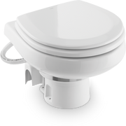 A white Dometic MasterFlush toilet on a white background