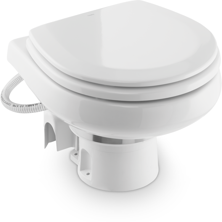 A white Dometic MasterFlush toilet on a white background