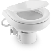 A white Dometic MasterFlush toilet, slightly open, on a white background