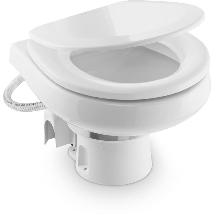 A white Dometic MasterFlush toilet, slightly open, on a white background