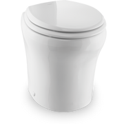 White Dometic toilet with closed lid on a white background