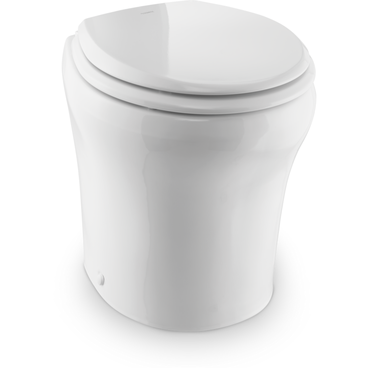 White Dometic toilet with closed lid on a white background