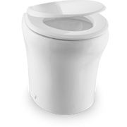 An open white Dometic toilet on a white background