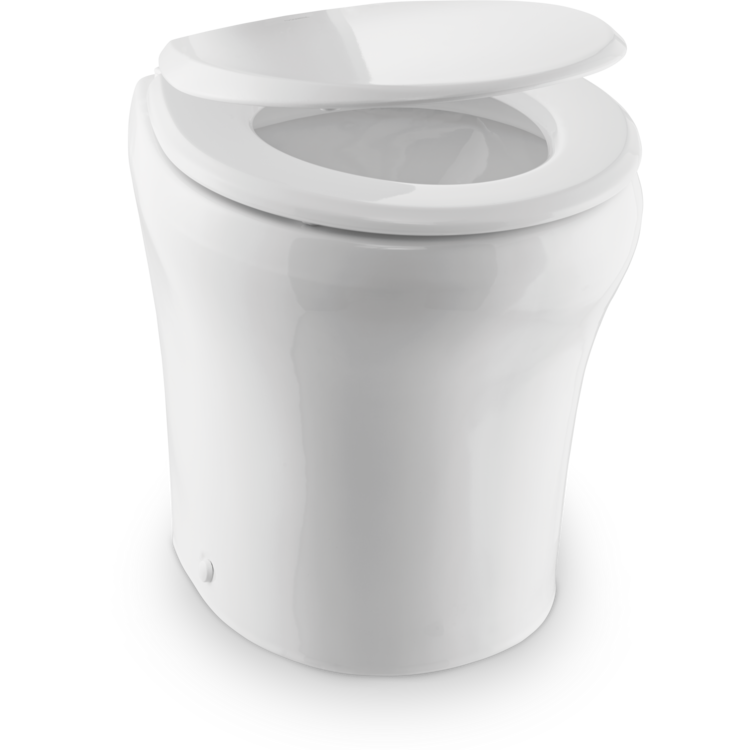 An open white Dometic toilet on a white background