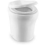 An open Dometic macerator toilet toil on a white background