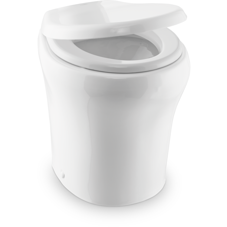 An open Dometic macerator toilet toil on a white background