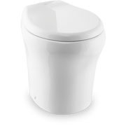 A white Dometic Macerator Toilet with a closed lid on a white background