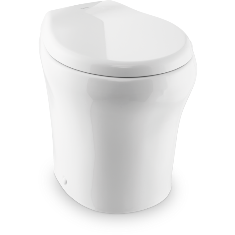 A white Dometic Macerator Toilet with a closed lid on a white background