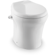 White Dometic toilet bowl with seat on a white background