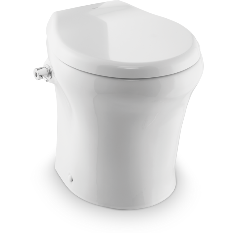 White Dometic toilet bowl with seat on a white background