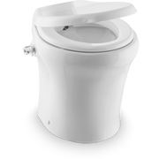 White Dometic toilet bowl with open lid on a white background