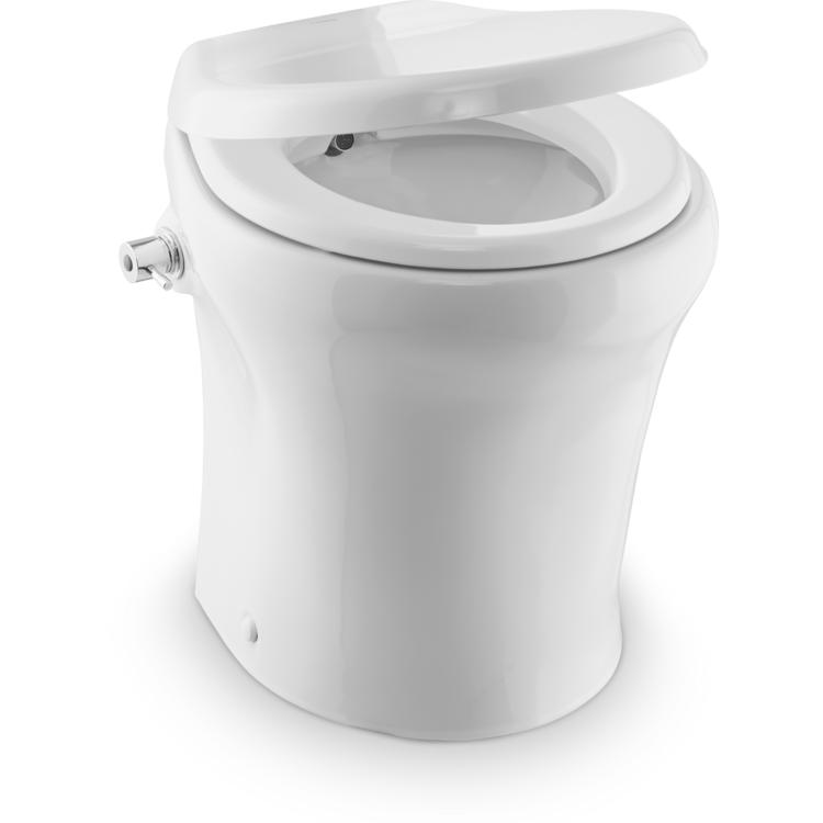 White Dometic toilet bowl with open lid on a white background