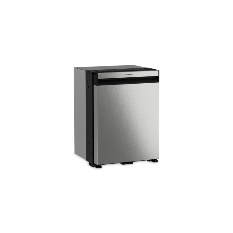 Stainless steel Dometic refrigerator on a white background