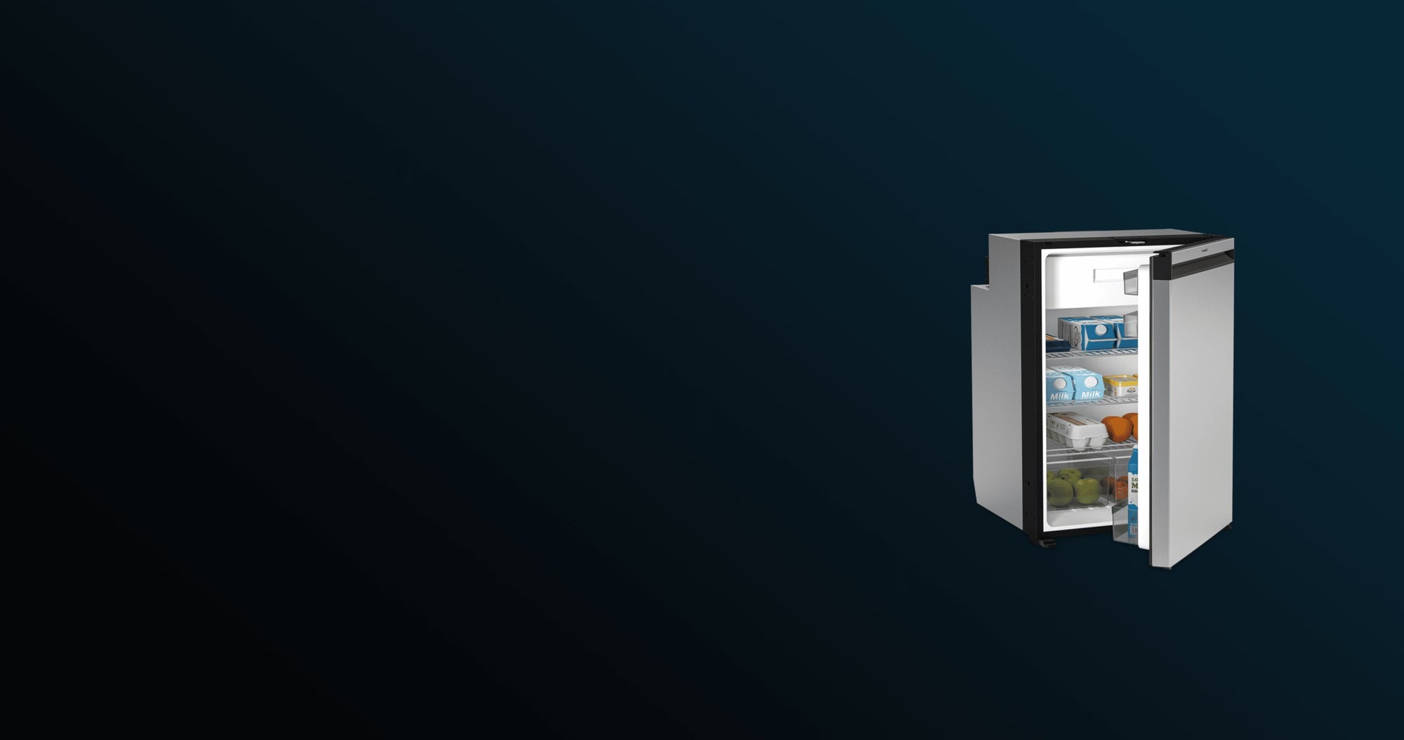 A Dometic NRX refrigerator against a blue and black background