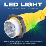 A Sierra shore power cord end with a lit green power indicator LED with the words "LED light" on a blue gradient background