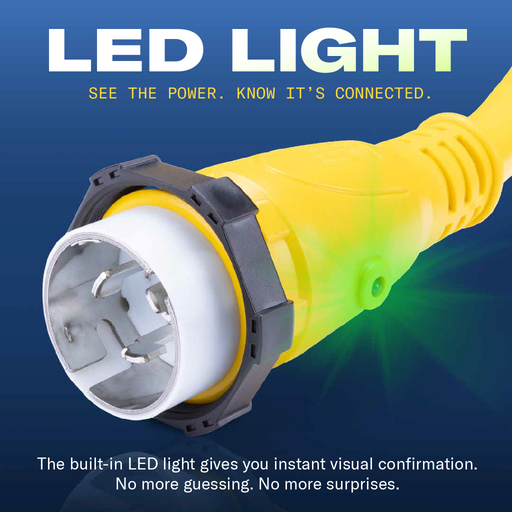 A Sierra shore power cord end with a lit green power indicator LED with the words "LED light" on a blue gradient background
