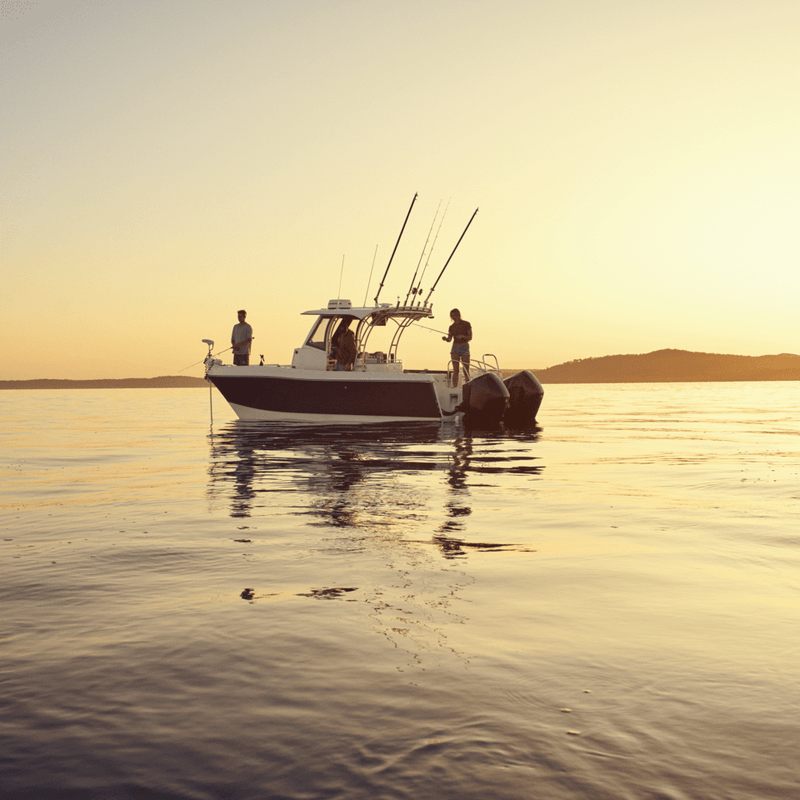 Two people fishing on a center console fishing boat at sunset